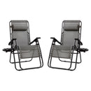 Adjustable Folding Mesh Zero Gravity Reclining Lounge Chair with Pillow and Cup Holder Tray in Gray, Set of 2