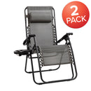 Adjustable Folding Mesh Zero Gravity Reclining Lounge Chair with Pillow and Cup Holder Tray in Gray, Set of 2