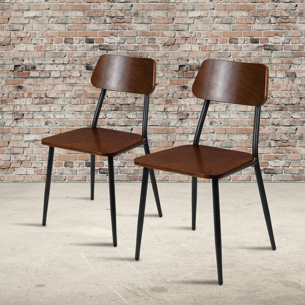 Stackable Industrial Dining Chair with Gunmetal Steel Frame and Rustic Wood Seat, Set of 2