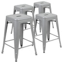 24" High Metal Counter-Height, Indoor Bar Stool in Silver - Stackable Set of 4