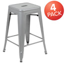 24" High Metal Counter-Height, Indoor Bar Stool in Silver - Stackable Set of 4