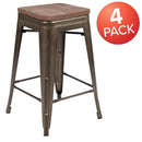 24" High Metal Counter-Height, Indoor Bar Stool with Wood Seat in Gun Metal Gray - Stackable Set of 4