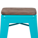 24" High Metal Counter-Height, Indoor Bar Stool with Wood Seat in Teal - Stackable Set of 4