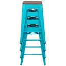 24" High Metal Counter-Height, Indoor Bar Stool with Wood Seat in Teal - Stackable Set of 4