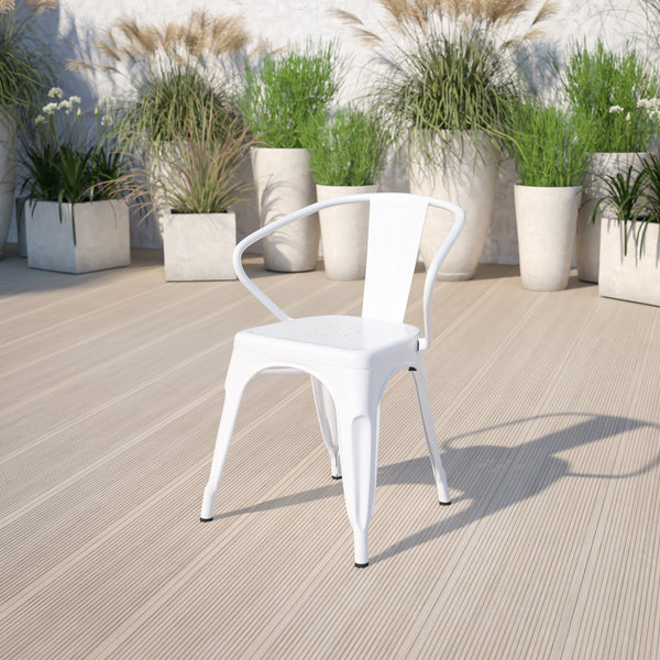 Commercial Grade White Metal Indoor-Outdoor Chair with Arms