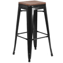 30" High Backless Black Metal Barstool with Square Wood Seat
