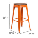 30" High Backless Orange Metal Barstool with Square Wood Seat