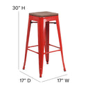 30" High Backless Red Metal Barstool with Square Wood Seat