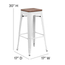 30" High Backless White Metal Barstool with Square Wood Seat