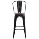 30" High Black Metal Barstool with Back and Wood Seat