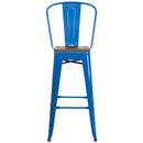 30" High Blue Metal Barstool with Back and Wood Seat