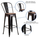 30" High Black-Antique Gold Metal Barstool with Back and Wood Seat