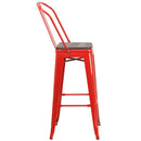 30" High Red Metal Barstool with Back and Wood Seat