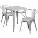 Commercial Grade 23.75" Square Silver Metal Indoor-Outdoor Table Set with 2 Arm Chairs