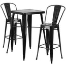 Commercial Grade 23.75" Square Black Metal Indoor-Outdoor Bar Table Set with 2 Stools with Backs