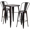 Commercial Grade 23.75" Square Black-Antique Gold Metal Indoor-Outdoor Bar Table Set with 2 Stools with Backs