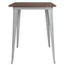 31.5" Square Silver Metal Indoor Bar Height Table with Walnut Rustic Wood Top