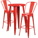 Commercial Grade 24" Round Red Metal Indoor-Outdoor Bar Table Set with 2 Cafe Stools