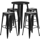 Commercial Grade 24" Round Black Metal Indoor-Outdoor Bar Table Set with 4 Square Seat Backless Stools