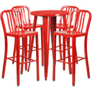Commercial Grade 24" Round Red Metal Indoor-Outdoor Bar Table Set with 4 Vertical Slat Back Stools