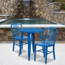 Commercial Grade 24" Round Blue Metal Indoor-Outdoor Table Set with 2 Vertical Slat Back Chairs