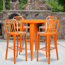 Commercial Grade 30" Round Orange Metal Indoor-Outdoor Bar Table Set with 4 Vertical Slat Back Stools