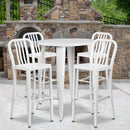 Commercial Grade 30" Round White Metal Indoor-Outdoor Bar Table Set with 4 Vertical Slat Back Stools