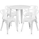 Commercial Grade 30" Round White Metal Indoor-Outdoor Table Set with 4 Arm Chairs