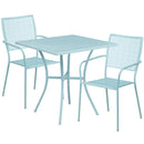 Commercial Grade 28" Square Sky Blue Indoor-Outdoor Steel Patio Table Set with 2 Square Back Chairs