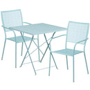 Commercial Grade 28" Square Sky Blue Indoor-Outdoor Steel Folding Patio Table Set with 2 Square Back Chairs