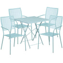 Commercial Grade 28" Square Sky Blue Indoor-Outdoor Steel Folding Patio Table Set with 4 Square Back Chairs