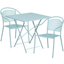 Commercial Grade 28" Square Sky Blue Indoor-Outdoor Steel Folding Patio Table Set with 2 Round Back Chairs