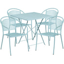 Commercial Grade 28" Square Sky Blue Indoor-Outdoor Steel Folding Patio Table Set with 4 Round Back Chairs