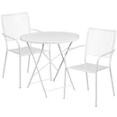 Commercial Grade 30" Round White Indoor-Outdoor Steel Folding Patio Table Set with 2 Square Back Chairs