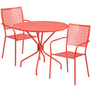 Commercial Grade 35.25" Round Coral Indoor-Outdoor Steel Patio Table Set with 2 Square Back Chairs