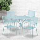 Commercial Grade 35.25" Round Sky Blue Indoor-Outdoor Steel Patio Table Set with 4 Square Back Chairs