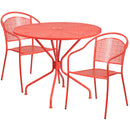Commercial Grade 35.25" Round Coral Indoor-Outdoor Steel Patio Table Set with 2 Round Back Chairs