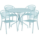 Commercial Grade 35.25" Round Sky Blue Indoor-Outdoor Steel Patio Table Set with 4 Round Back Chairs