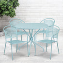 Commercial Grade 35.25" Round Sky Blue Indoor-Outdoor Steel Patio Table Set with 4 Round Back Chairs