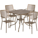 Commercial Grade 35.5" Square Gold Indoor-Outdoor Steel Patio Table Set with 4 Square Back Chairs