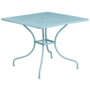Commercial Grade 35.5" Square Sky Blue Indoor-Outdoor Steel Patio Table with Umbrella Hole