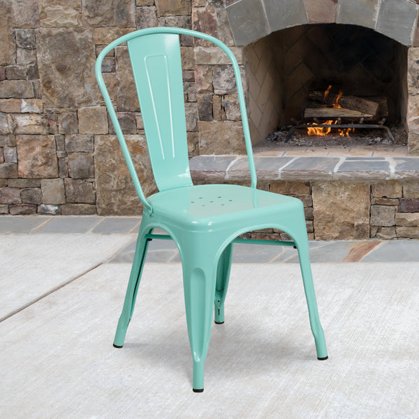 Commercial Grade Mint Green Metal Indoor-Outdoor Stackable Chair