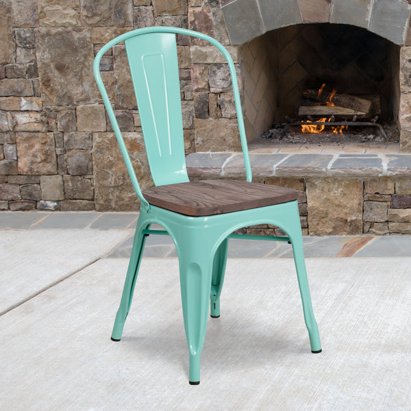 Mint Green Metal Stackable Chair with Wood Seat