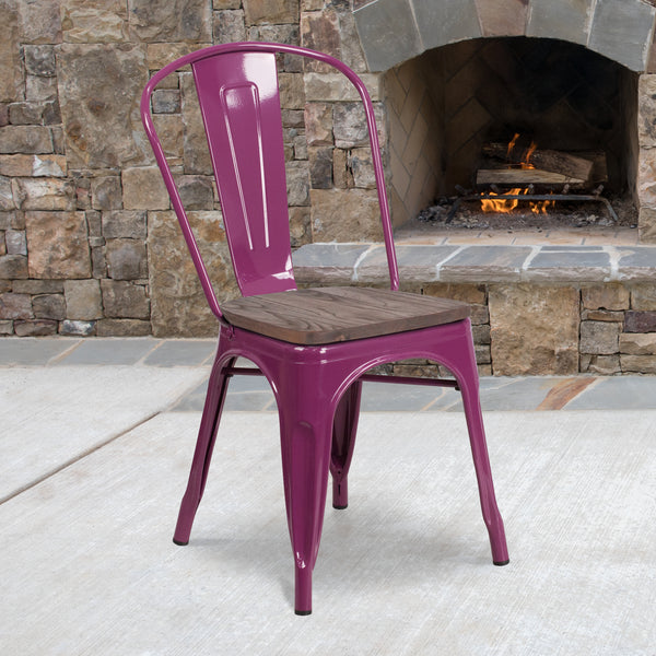 Purple Metal Stackable Chair with Wood Seat