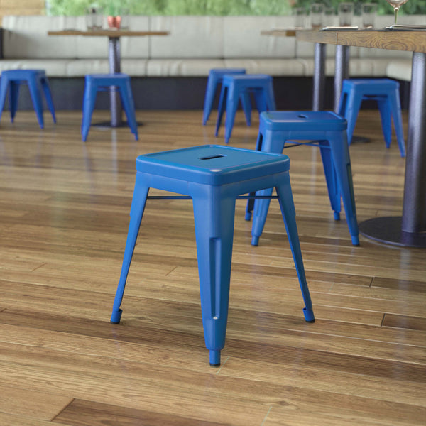18" Table Height Stool, Stackable Backless Metal Indoor Dining Stool, Commercial Grade Restaurant Stool in Royal Blue - Set of 4