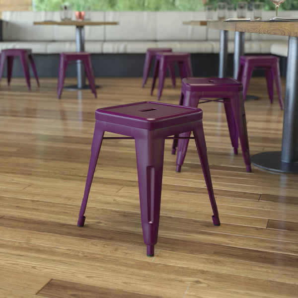 18" Table Height Stool, Stackable Backless Metal Indoor Dining Stool, Commercial Grade Restaurant Stool in Purple - Set of 4
