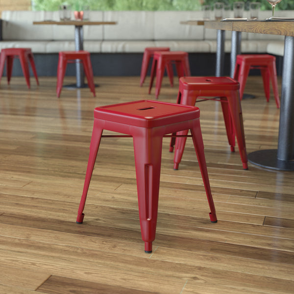 18" Table Height Stool, Stackable Backless Metal Indoor Dining Stool, Commercial Grade Restaurant Stool in Red - Set of 4