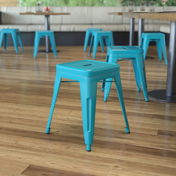 18" Table Height Stool, Stackable Backless Metal Indoor Dining Stool, Commercial Grade Restaurant Stool in Teal - Set of 4