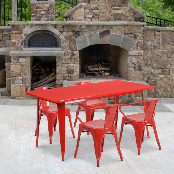 Commercial Grade 31.5" x 63" Rectangular Red Metal Indoor-Outdoor Table Set with 4 Arm Chairs