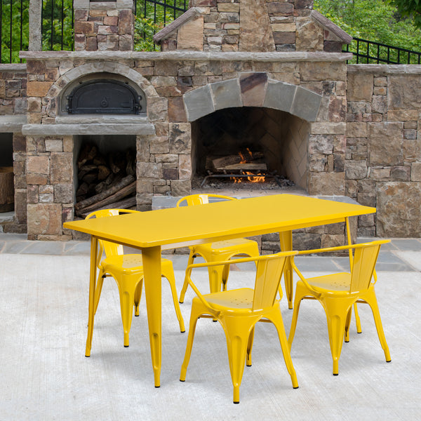 Commercial Grade 31.5" x 63" Rectangular Yellow Metal Indoor-Outdoor Table Set with 4 Arm Chairs